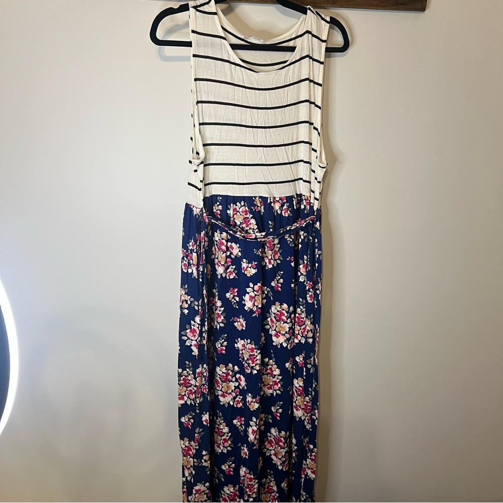 Boutique Floral Maxi Dress Women’s 2X Striped Sleeveless Tie Waist Boho Summer